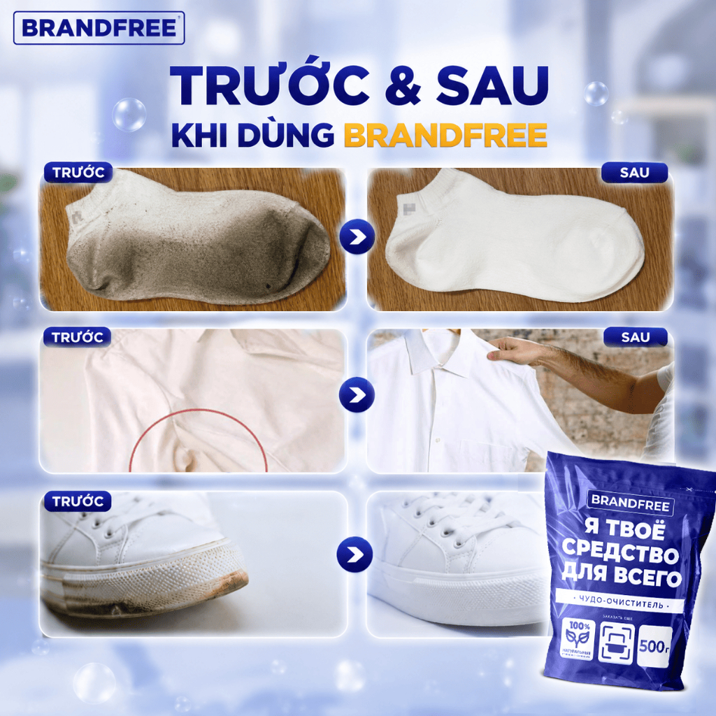 Bột Tẩy Oxy Trắng Quần Áo, Giày Dép BRANDFREE 1KG | Đánh Bay Vết Ố Vàng, Khử Mùi, Sạch Hiệu Quả
