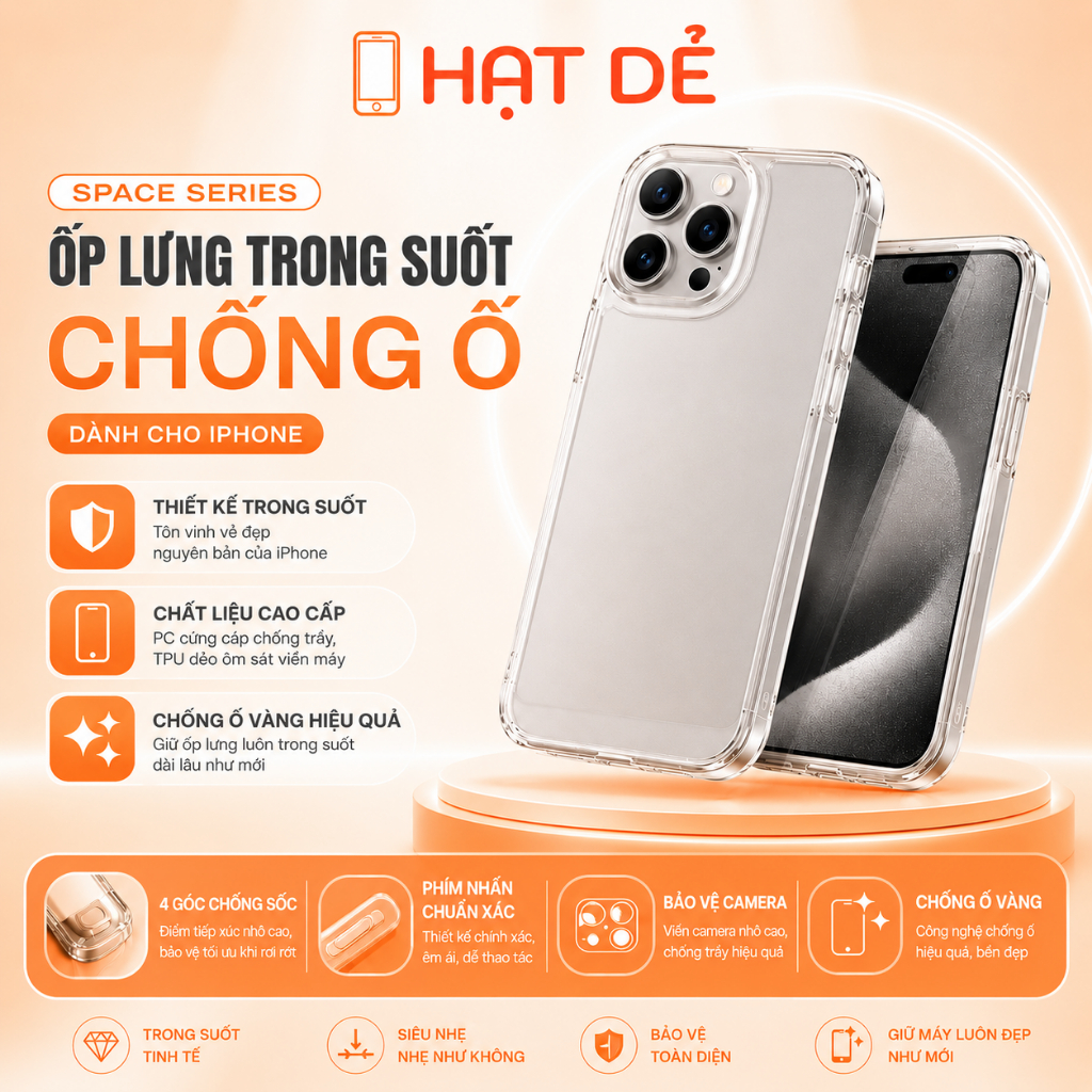 Ốp Lưng Chống Ố Trong Suốt Berlia B34 Space Dành cho 11/12/13/14/15/16/17 Pro Max Plus phukienhatde