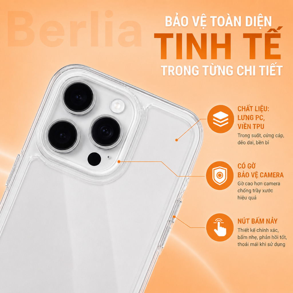 Ốp Lưng Chống Ố Trong Suốt Berlia B34 Space Dành cho 11/12/13/14/15/16/17 Pro Max Plus phukienhatde