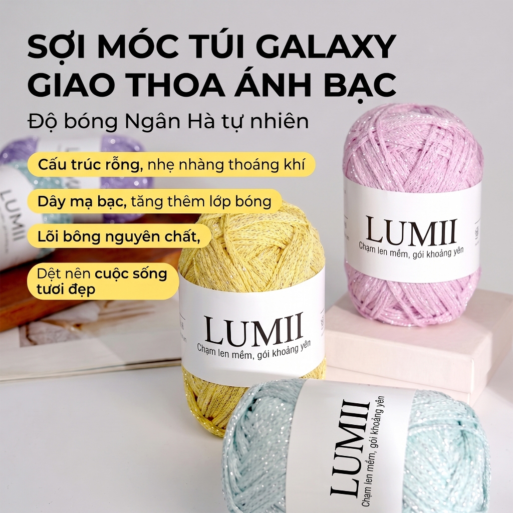 Len cotton nhũ LUMII Sợi dệt lấp lánh blink blink chuyên đan móc túi xách