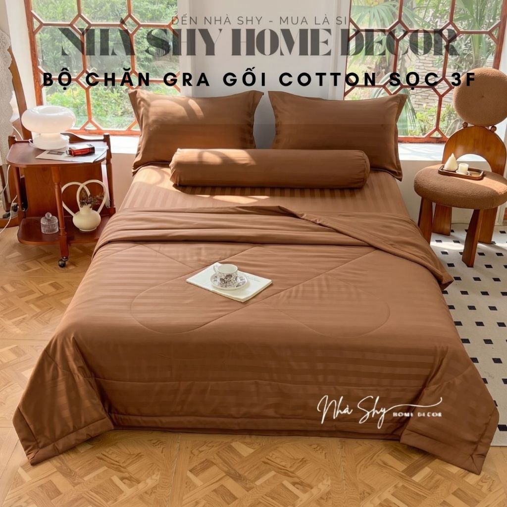 Bộ Chăn Ga Gối Kẻ Sọc Cotton 3F Chăn Chần Bông 5 Món Cho Khách Sạn, Resort, Nhà nghỉ Nhiều Màu  - Nhà Shy Home Decor