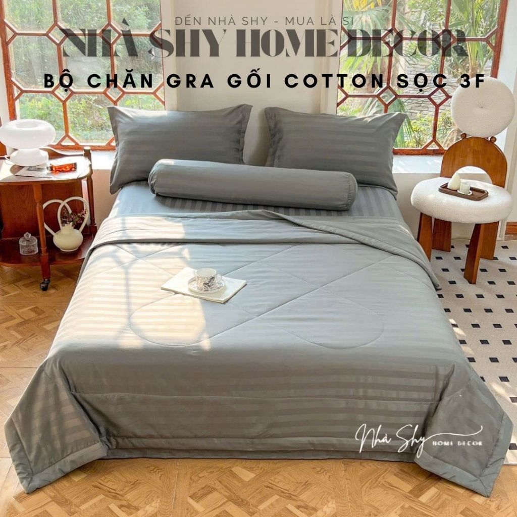 Bộ Chăn Ga Gối Kẻ Sọc Cotton 3F Chăn Chần Bông 5 Món Cho Khách Sạn, Resort, Nhà nghỉ Nhiều Màu  - Nhà Shy Home Decor
