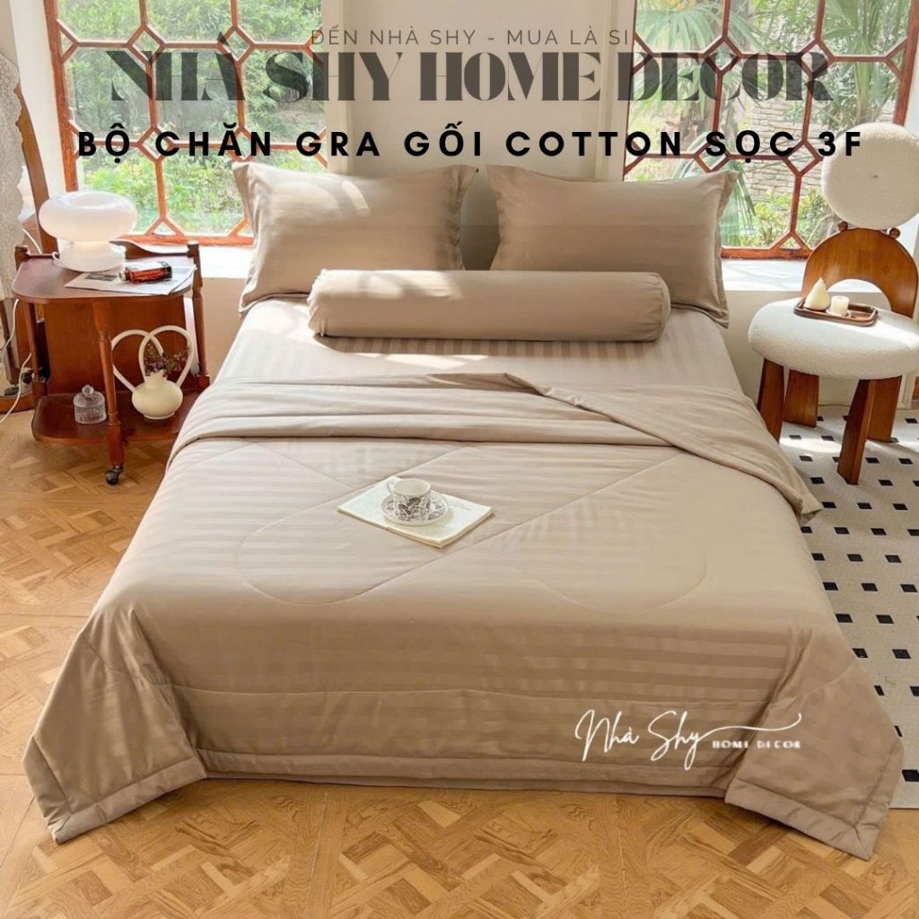 Bộ Chăn Ga Gối Kẻ Sọc Cotton 3F Chăn Chần Bông 5 Món Cho Khách Sạn, Resort, Nhà nghỉ Nhiều Màu  - Nhà Shy Home Decor