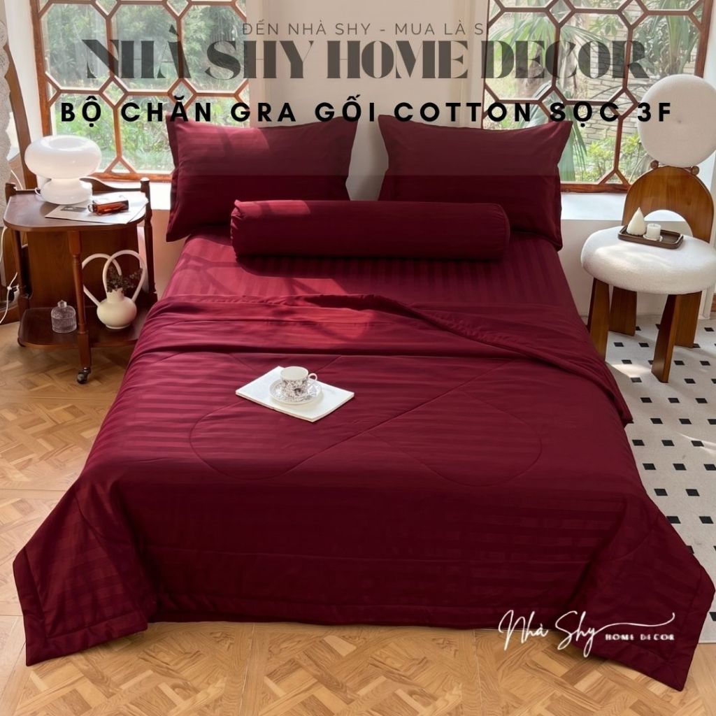 Bộ Chăn Ga Gối Kẻ Sọc Cotton 3F Chăn Chần Bông 5 Món Cho Khách Sạn, Resort, Nhà nghỉ Nhiều Màu  - Nhà Shy Home Decor
