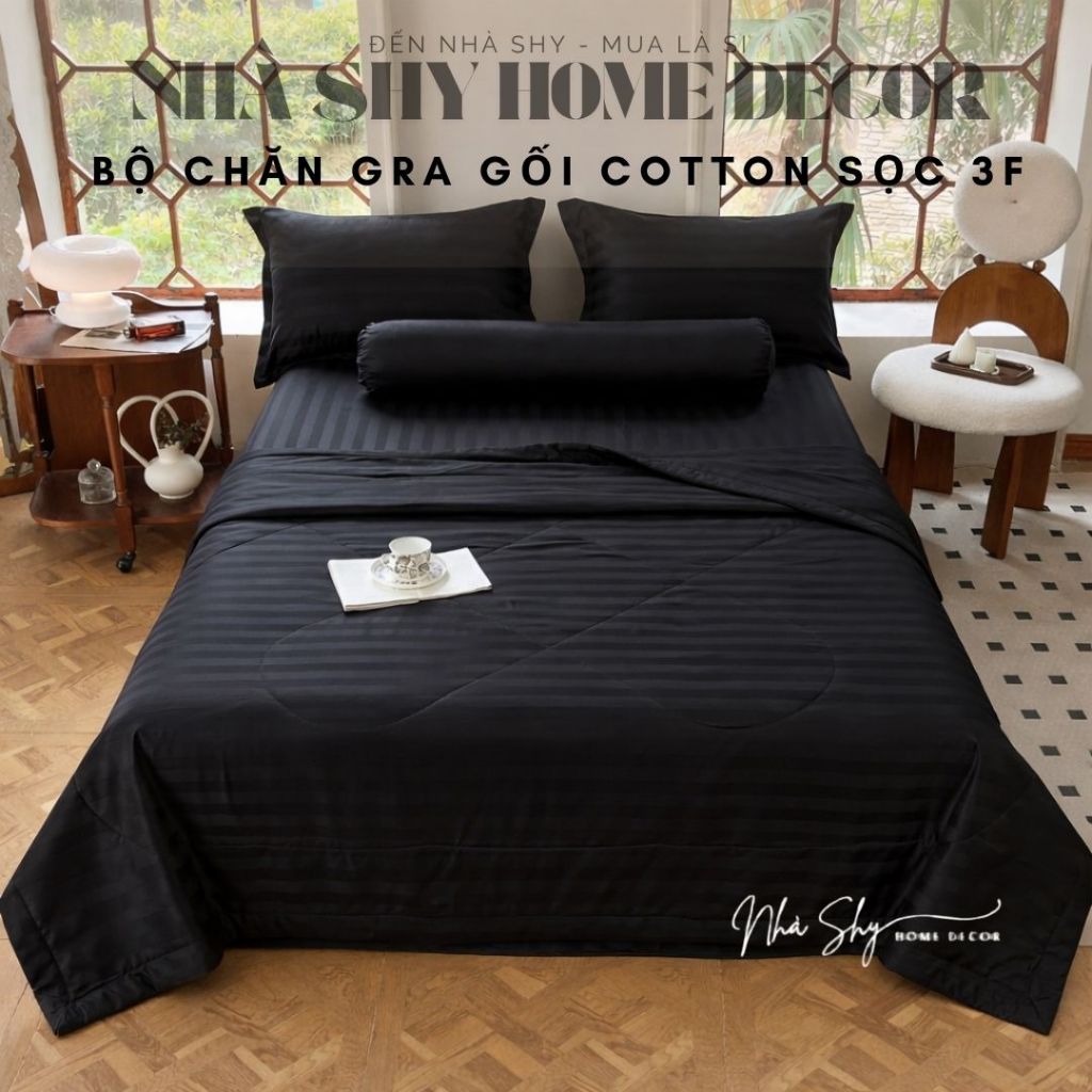 Bộ Chăn Ga Gối Kẻ Sọc Cotton 3F Chăn Chần Bông 5 Món Cho Khách Sạn, Resort, Nhà nghỉ Nhiều Màu  - Nhà Shy Home Decor