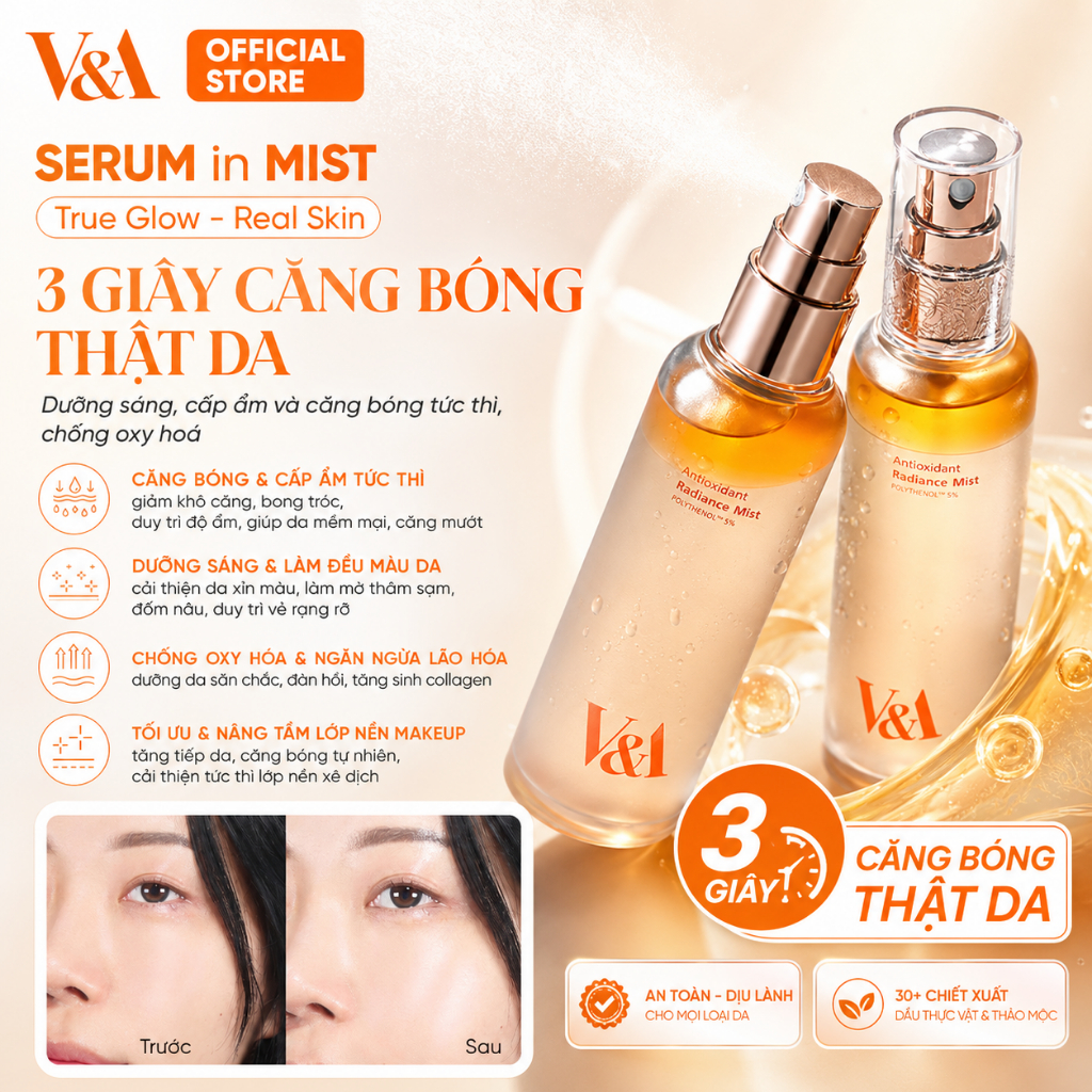 Xịt Dưỡng Serum in Mist Chống Oxy Hoá, Cấp Ẩm, Hỗ Trợ Phục Hồi Da V&A Beauty Antioxidant Radiance Mist Polythenol 100ml