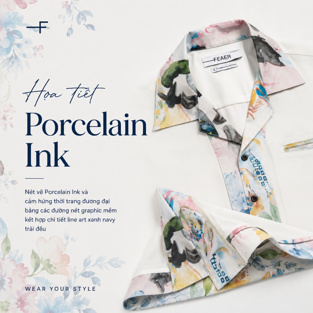 Áo sơ mi SOLEN phối họa tiết Porcelain Ink nghệ thuật, vải Poplin Polyester mềm mát ít nhăn, phong cách resort - FEAER