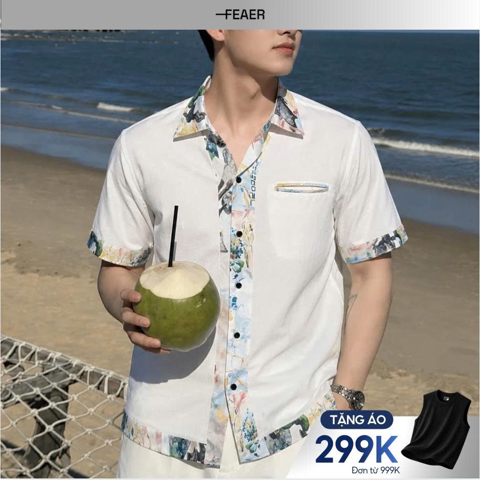 Áo sơ mi SOLEN phối họa tiết Porcelain Ink nghệ thuật, vải Poplin Polyester mềm mát ít nhăn, phong cách resort - FEAER