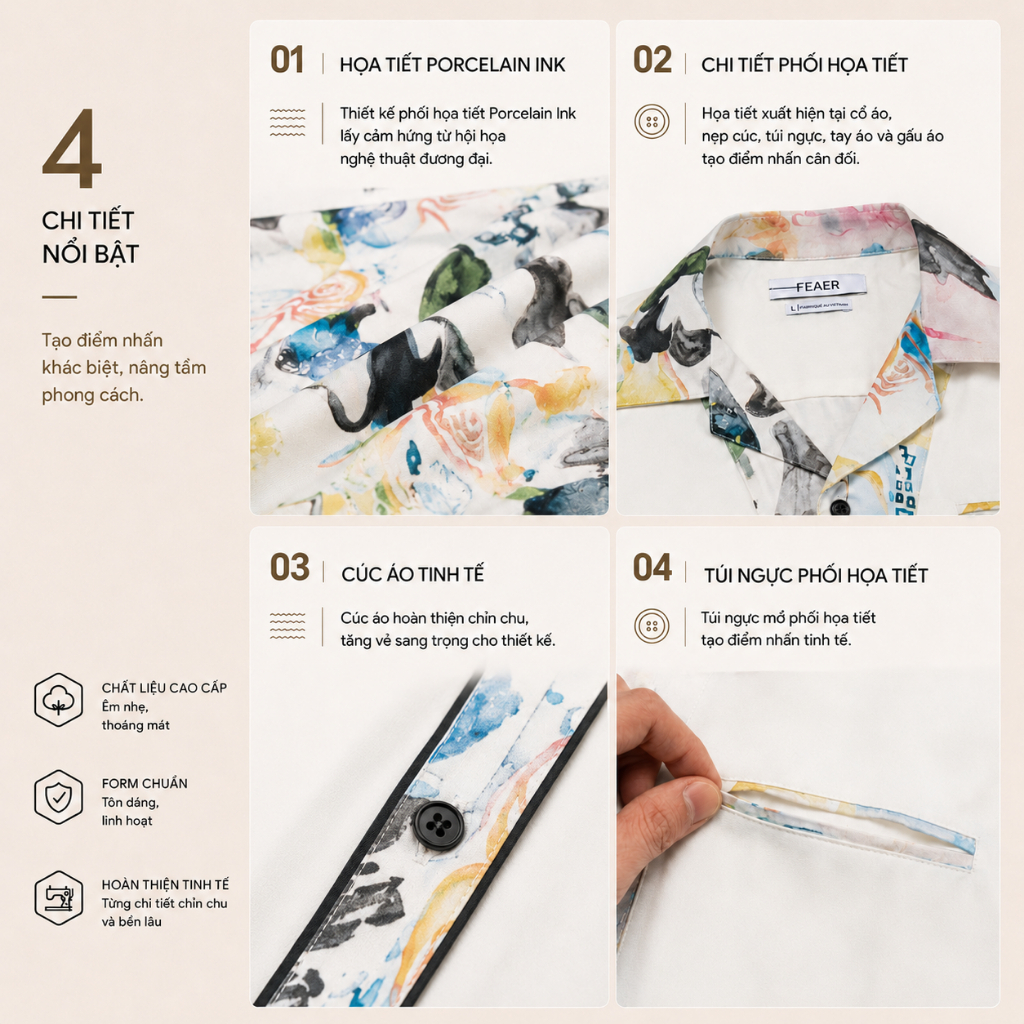 Áo sơ mi SOLEN phối họa tiết Porcelain Ink nghệ thuật, vải Poplin Polyester mềm mát ít nhăn, phong cách resort - FEAER