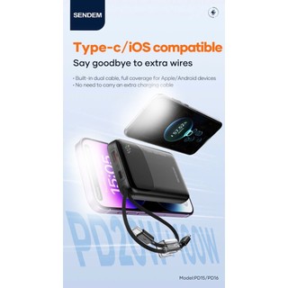 Sạc Dự Phòng Sendem PD15 10000mAh cổng TypeC / Cáp TypeC / USB-A output 22.5W, Kèm 2 cáp sạc ra