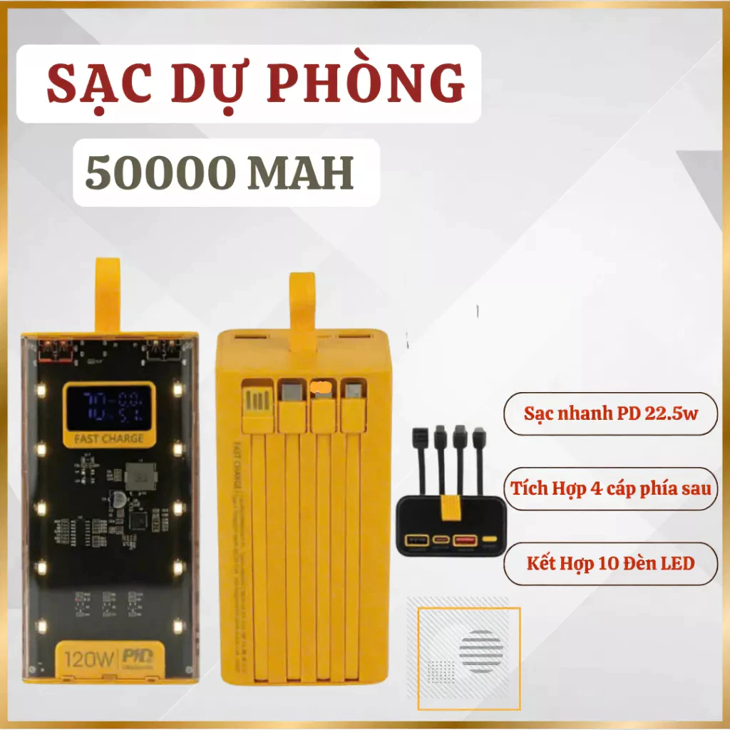 SẠC DỰ PHÒNG 50000mAh –120W SẠC SIÊU NHANH, MÀN HÌNH LED, 4 CỔNG SẠC, SẠC CÙNG LÚC 6 THIẾT BỊ