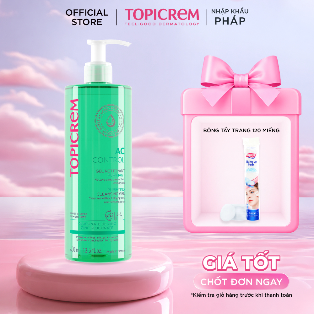 Gel rửa mặt không chứa xà phòng giúp làm sạch nhẹ nhàng và loại bỏ dầu nhờn - TOPICREM AC Purifying Cleansing Gel 400ml