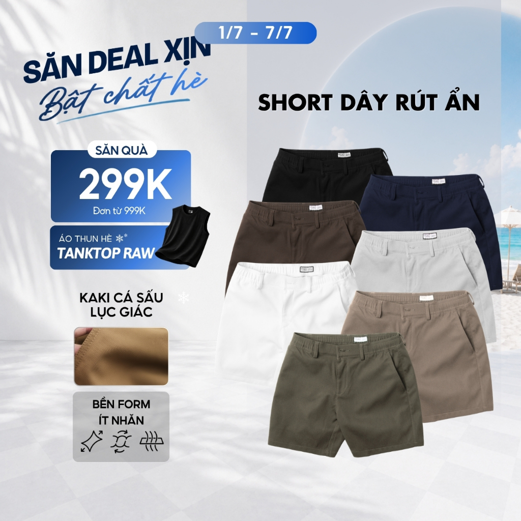 Quần short nam Fundamental vải kaki cá sấu lục giác, dây rút ẩn, co giãn nhẹ, thấm hút tốt, form trên gối tôn dáng-FEAER