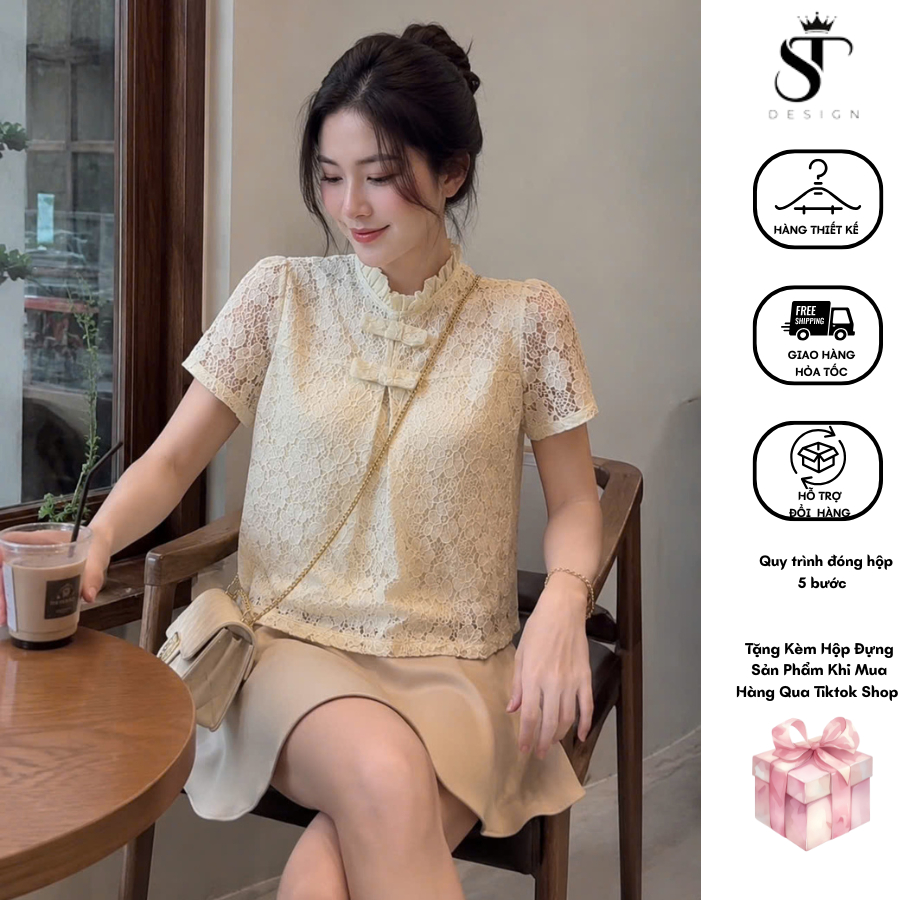 Áo kiểu tiểu thư hottrend 2 lớp phối ren sang chảnh màu Be kem phong cách Hàn Quốc - ST Design - k90