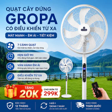 Quạt Cây, Quạt Đứng GROPA 8 Cấp Độ Gió 7 Cánh Điều Khiển Từ Xa Hẹn Giờ Quạt Điện Êm Ái 40W Tiết Kiệm Điện