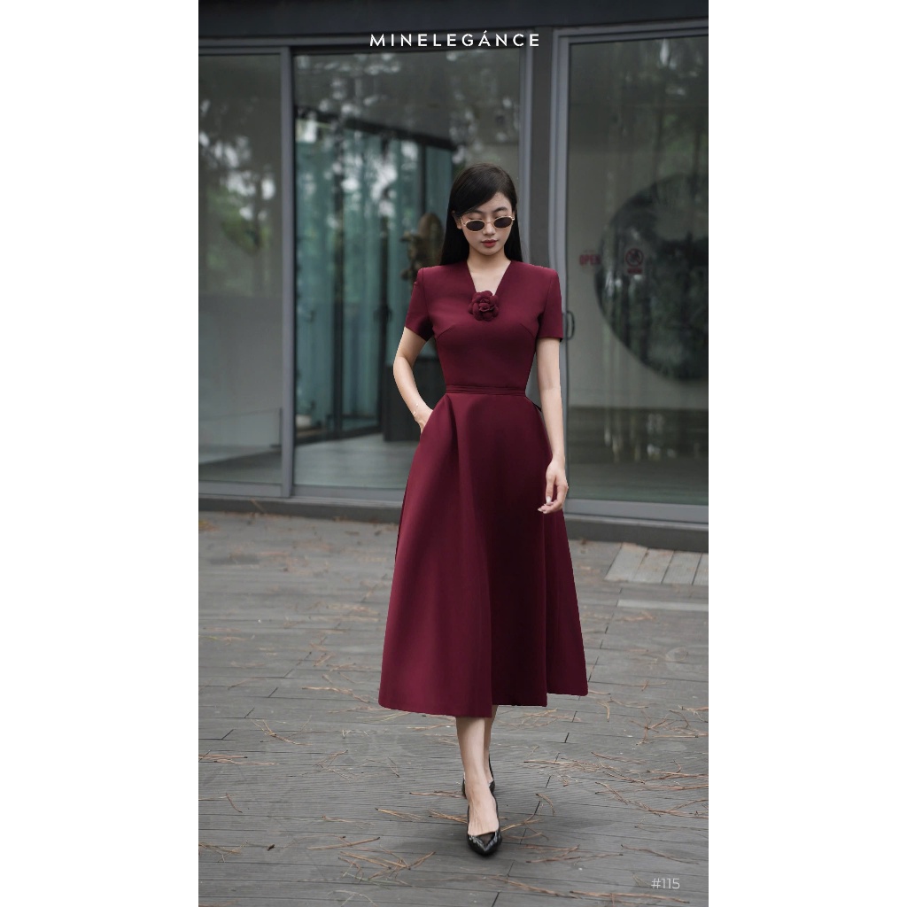 MINELEGÁNCE | VÁY XÒE CỔ V DÁNG DÀI THANH LỊCH, CÔNG SỞ - MIN115