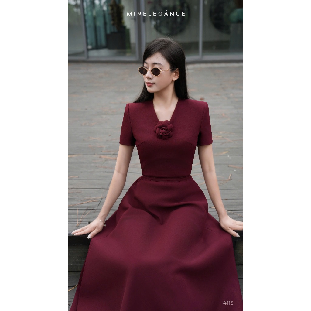MINELEGÁNCE | VÁY XÒE CỔ V DÁNG DÀI THANH LỊCH, CÔNG SỞ - MIN115