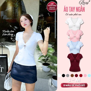 Áo Thun Body Nữ RUSY Tay Ngắn Phối Ren Cổ V Xoắn Tôn Dáng Mềm Mịn Co Giãn Dễ Phối Đồ TN15