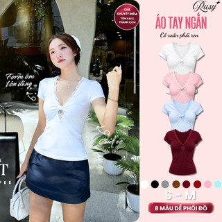 Áo Thun Body Nữ RUSY Tay Ngắn Phối Ren Cổ V Xoắn Tôn Dáng Mềm Mịn Co Giãn Dễ Phối Đồ TN15