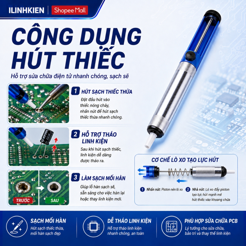 Hút thiếc chì hàn mini cầm tay lực mạnh chính hãng ilinhkien