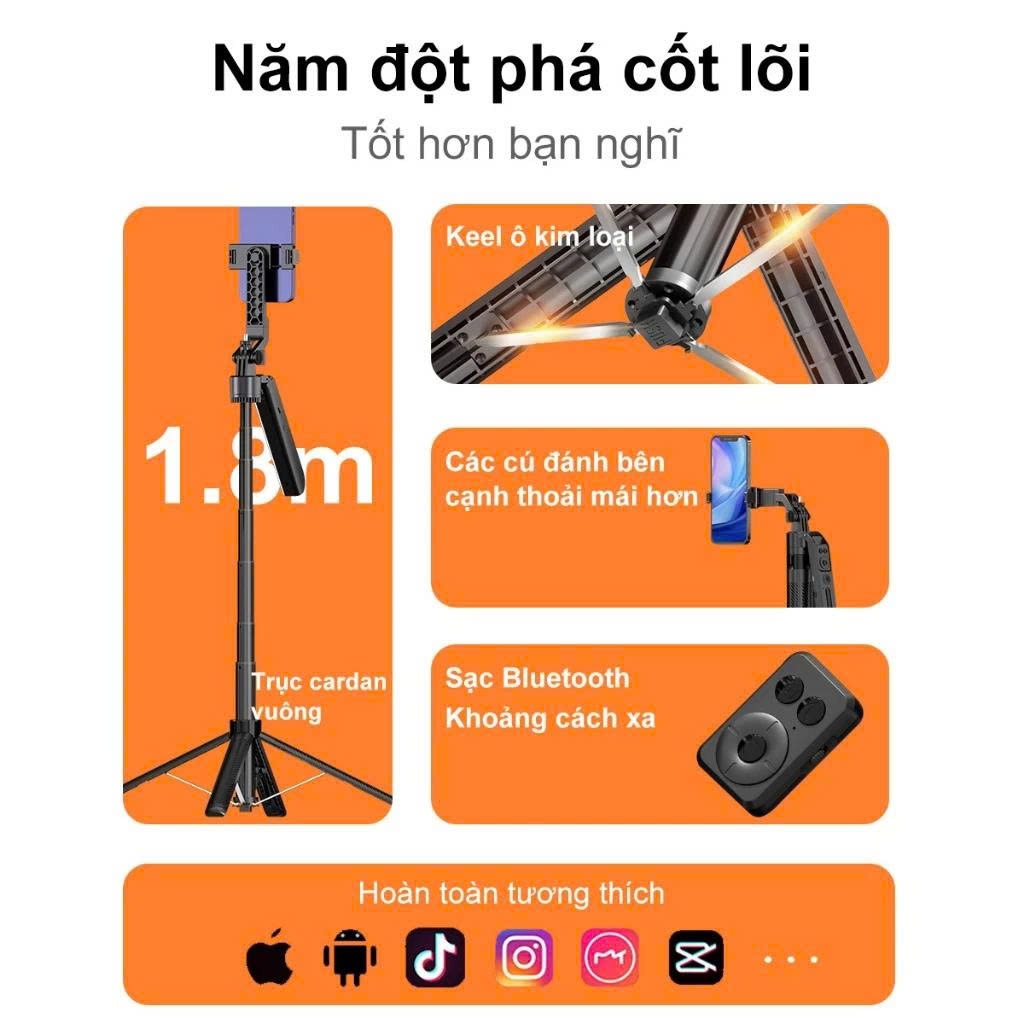 Gậy chụp ảnh 4 chân 1m8 Tripod Gimbal AI tự xoay 360 theo dõi chuyển động cử chỉ, nhận diện khuôn mặt quay video 1 mình