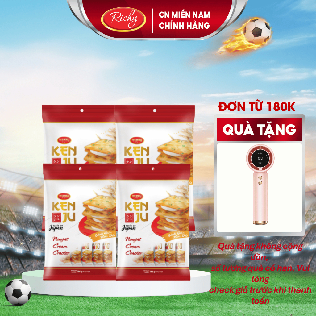 [TẶNG QUẠT ĐƠN 180K]  Combo 4 túi bánh quy kem dẻo Kenju 186g, Bánh Quy Nougat, Bánh Kẹo Richy