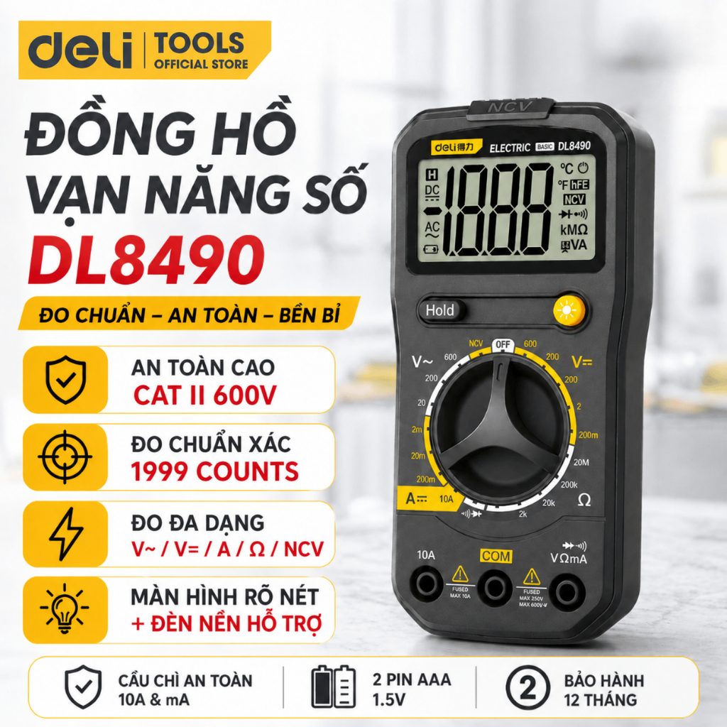 Đồng hồ vạn năng Deli Kẹp Ampe chính hãng Màn hình LED kỹ thuật số - Phạm vi đo 600V - BH 12 tháng