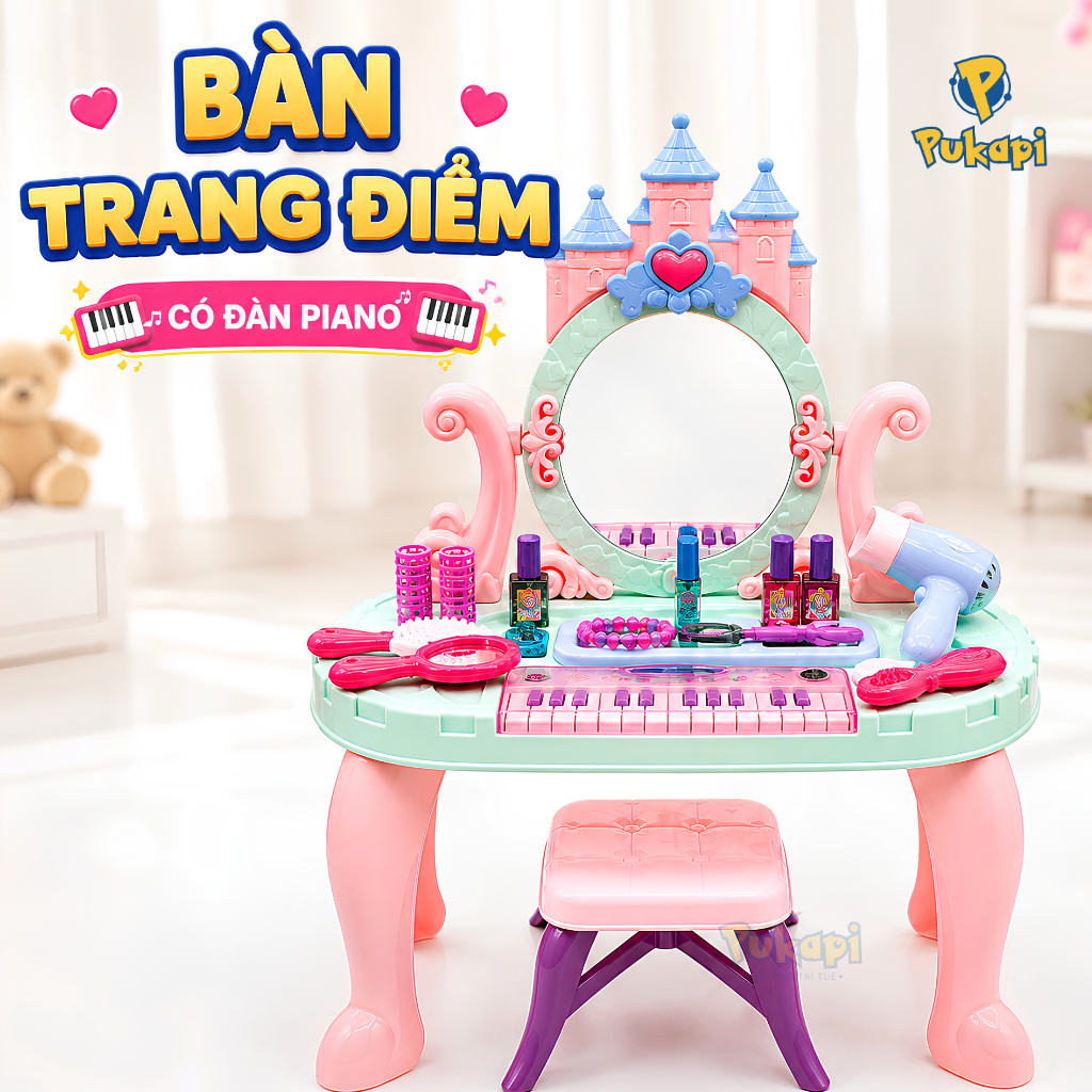 Đồ Chơi Trang Điểm Cho Bé Gái Bộ Bàn Trang Điểm Kèm Ghế Lâu Đài Bộ Trang Điểm Make Up Âm Thanh Ánh Sáng- Đồ Chơi PUKAPI