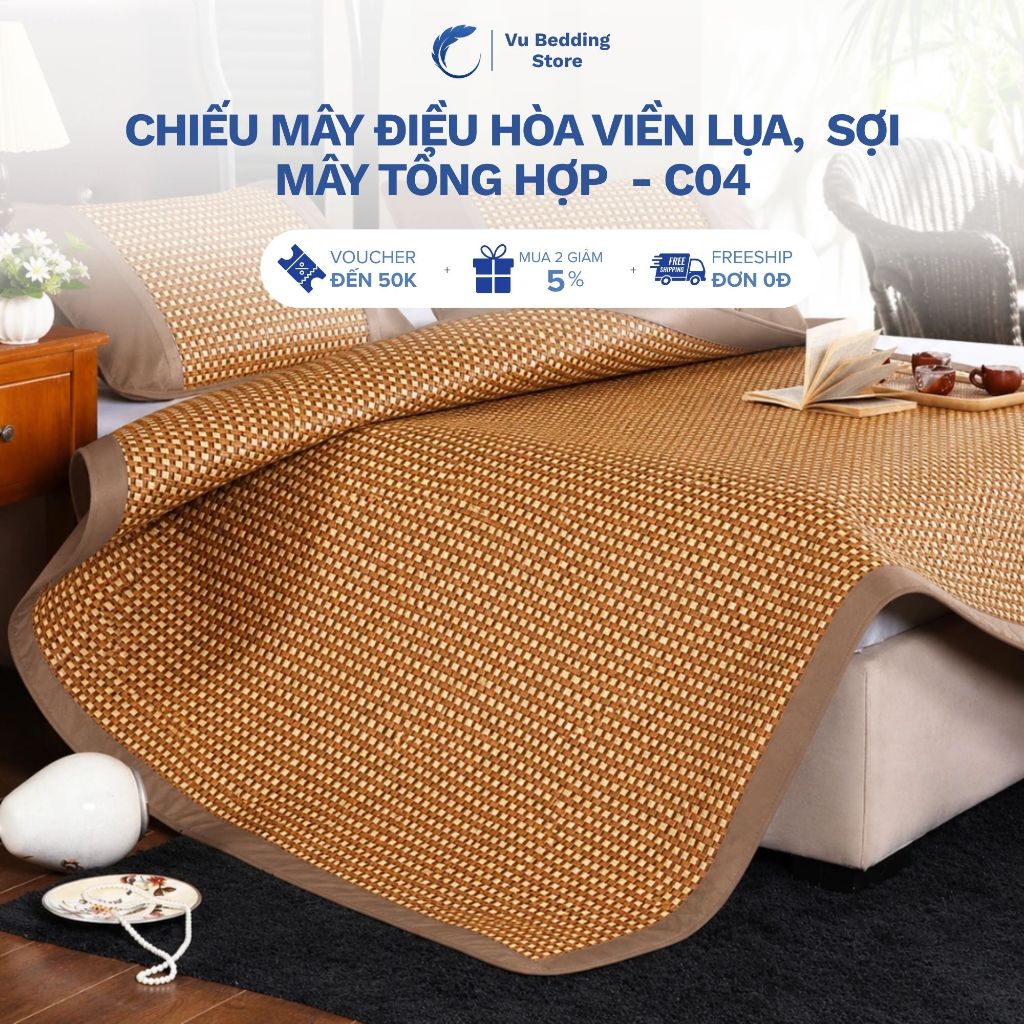 Chiếu điều hòa viền lụa cao cấp, chiếu điều hòa mát lạnh tự nhiên sợi mây tổng hợp - C01
