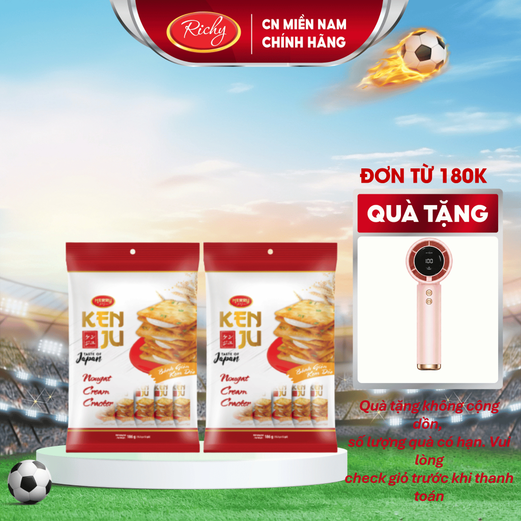 [TẶNG QUẠT ĐƠN 180K]  Combo 2 Bánh Kenju kem dẻo túi 186g, Bánh Kenju rau củ túi 192g, Bánh Kẹo Richy