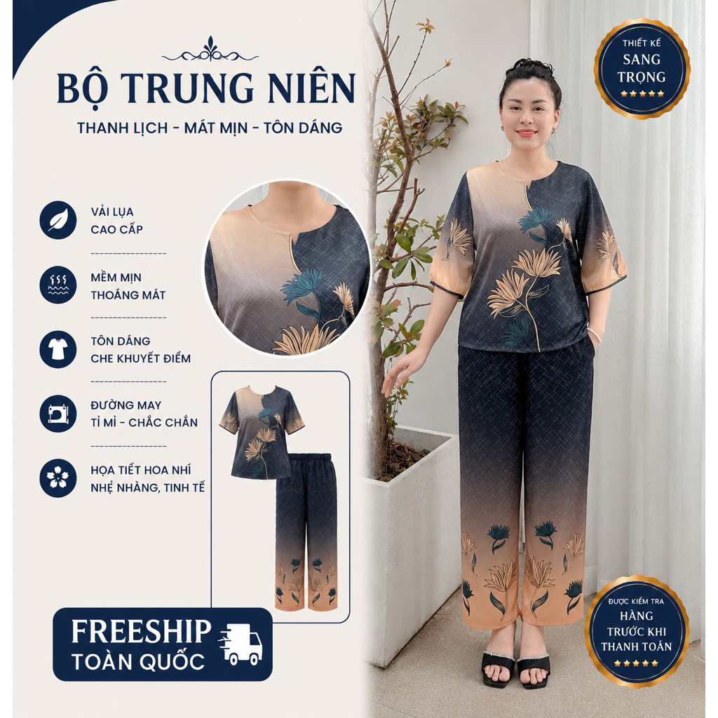 Y1 Bộ trung niên quần dài chất lụa Latin cao cấp ,chuẩn phom chuẩn dáng , mặc sang Y1