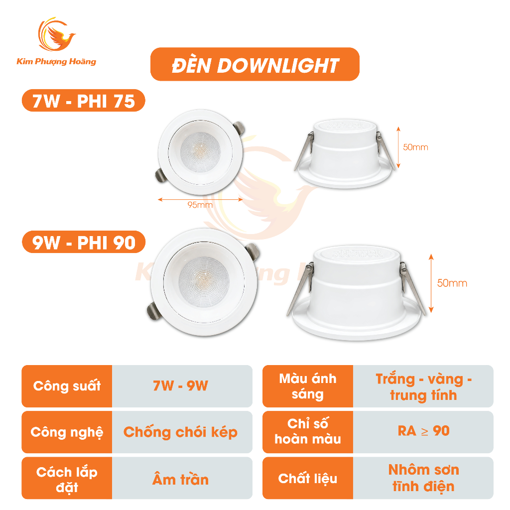 Đèn Âm Trần Dowlight Đèn LED DOB Đế Đúc Liền Nguồn 7W - 9W Vỏ Nhôm 3 Màu Ánh Sáng Đèn Phòng Khách Phòng Ngủ