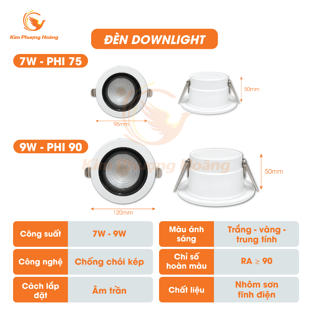 Đèn Âm Trần Dowlight Đèn LED DOB Đế Đúc Liền Nguồn 7W - 9W Vỏ Nhôm 3 Màu Ánh Sáng Đèn Phòng Khách Phòng Ngủ