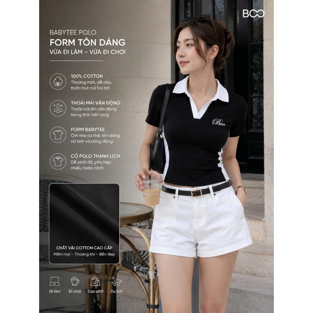 Áo Polo BOO SS Babytop Nữ Can Phối Thêu Logo Chất Liệu Thoáng Mát, Cao Cấp Form Dáng Vừa Vặn