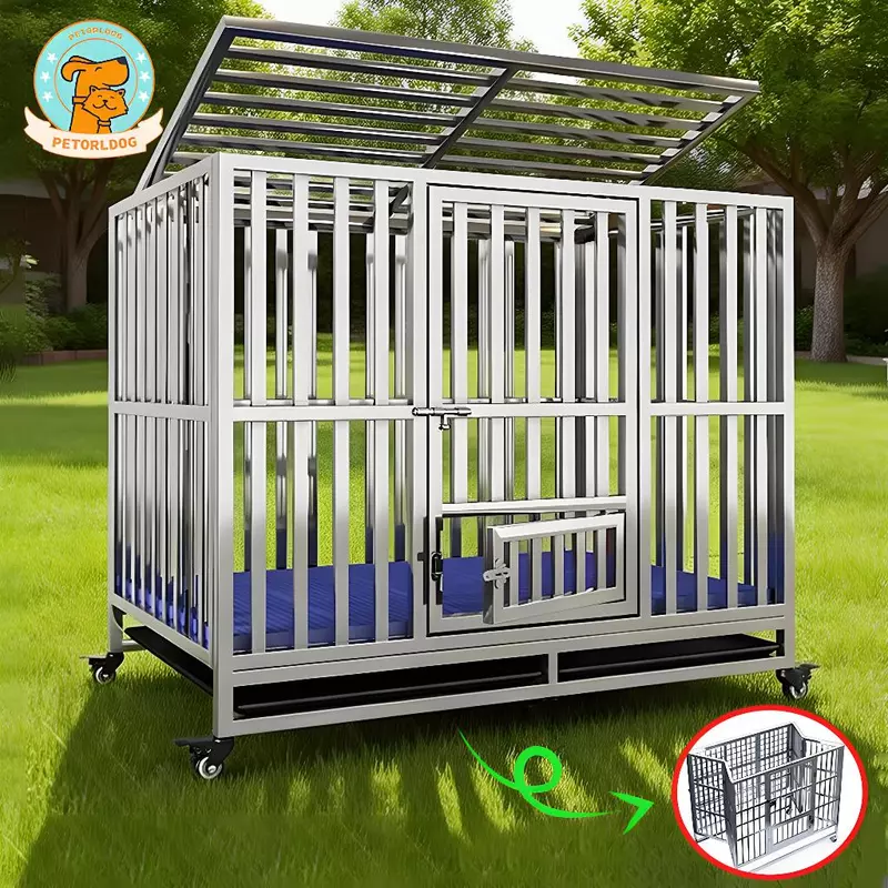 Chuồng Chó inox Gấp Gọn Có Bánh Xe + Khay + Đệm Chân Lồng chó mèo bằng inox 304 Size Đại Cho Chó Lớn — ảnh 1