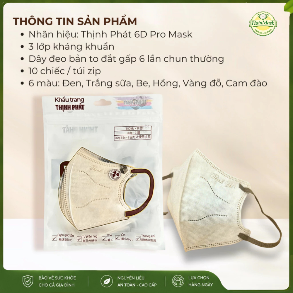 Set 100 Cái Khẩu Trang 6D THỊNH PHÁT PRO MASK Airit Dây Bản To Không Sợ Đau Tai, Hàng Chính Hãng