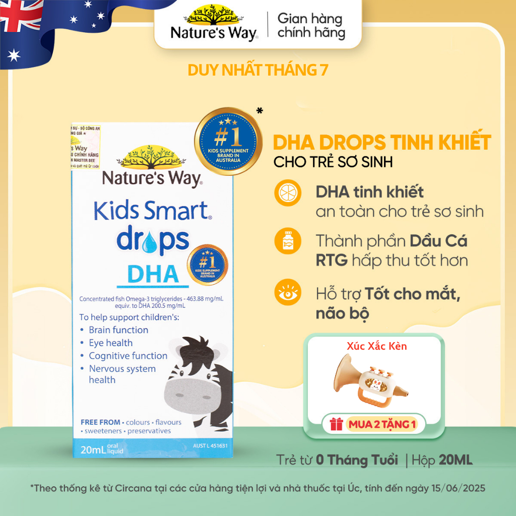 DHA Drops Nature's Way Kids Smart Bổ Sung DHA, Omega 3, Thành Phần Dầu Cá RTG Hỗ Trợ Tốt Cho Não Và Mắt Cho Bé 20ml