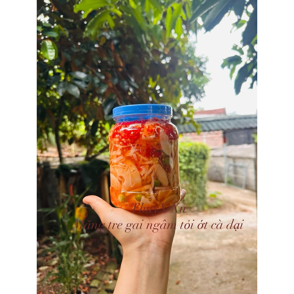 Măng ớt - Măng tre gai ngâm tỏi ớt cà quẹnh lọ 1kg