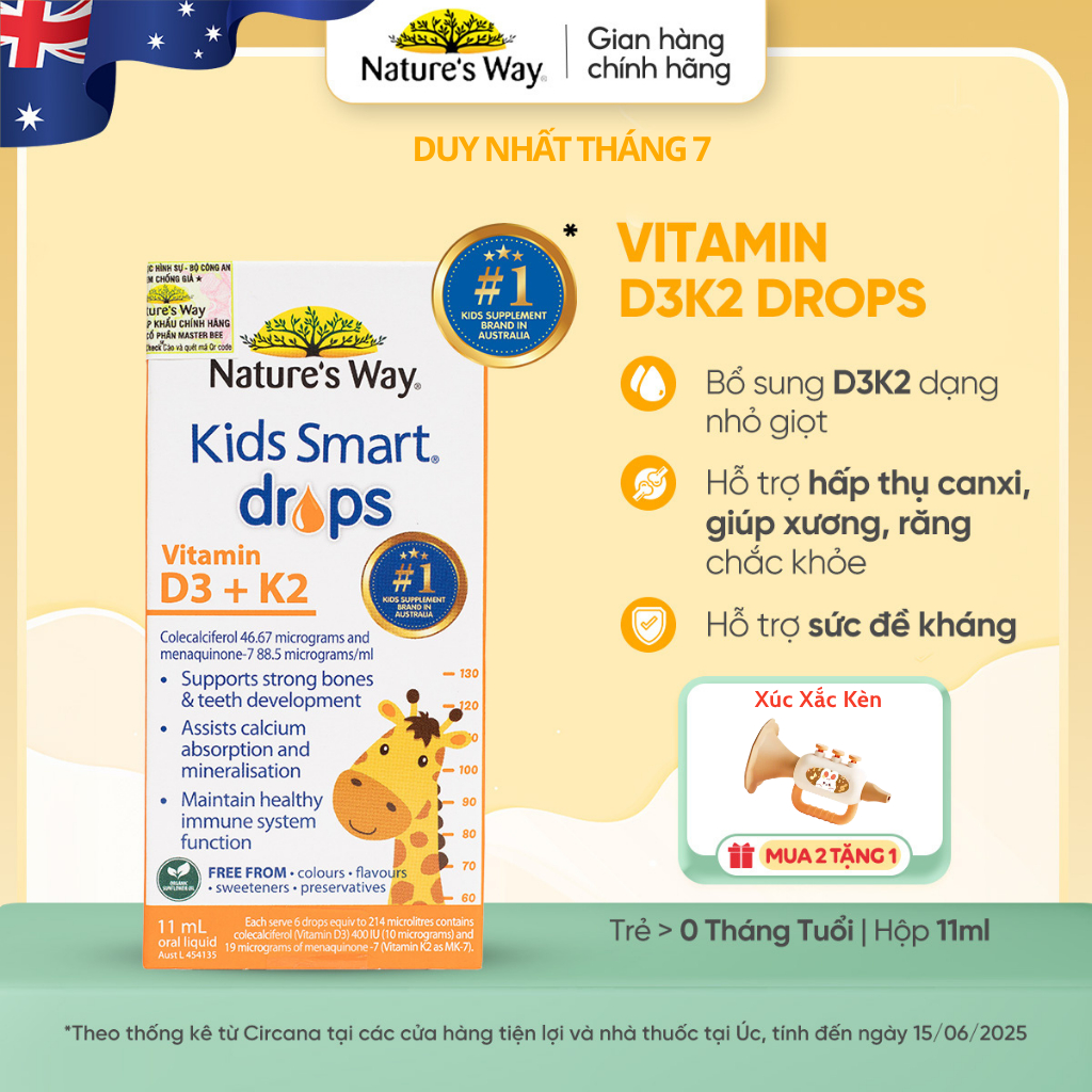 Vitamin D3K2 Nature's Way, Với Dầu Hoa Hướng Dương Organic, Giúp Bổ sung Vitamin D3, K2-MK7 Cho Trẻ Sơ Sinh Hộp 11ml