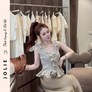 Áo Len Tăm Sát Nách Cổ V Phối Bèo Dáng Peplum JOLIE Sang Chảnh