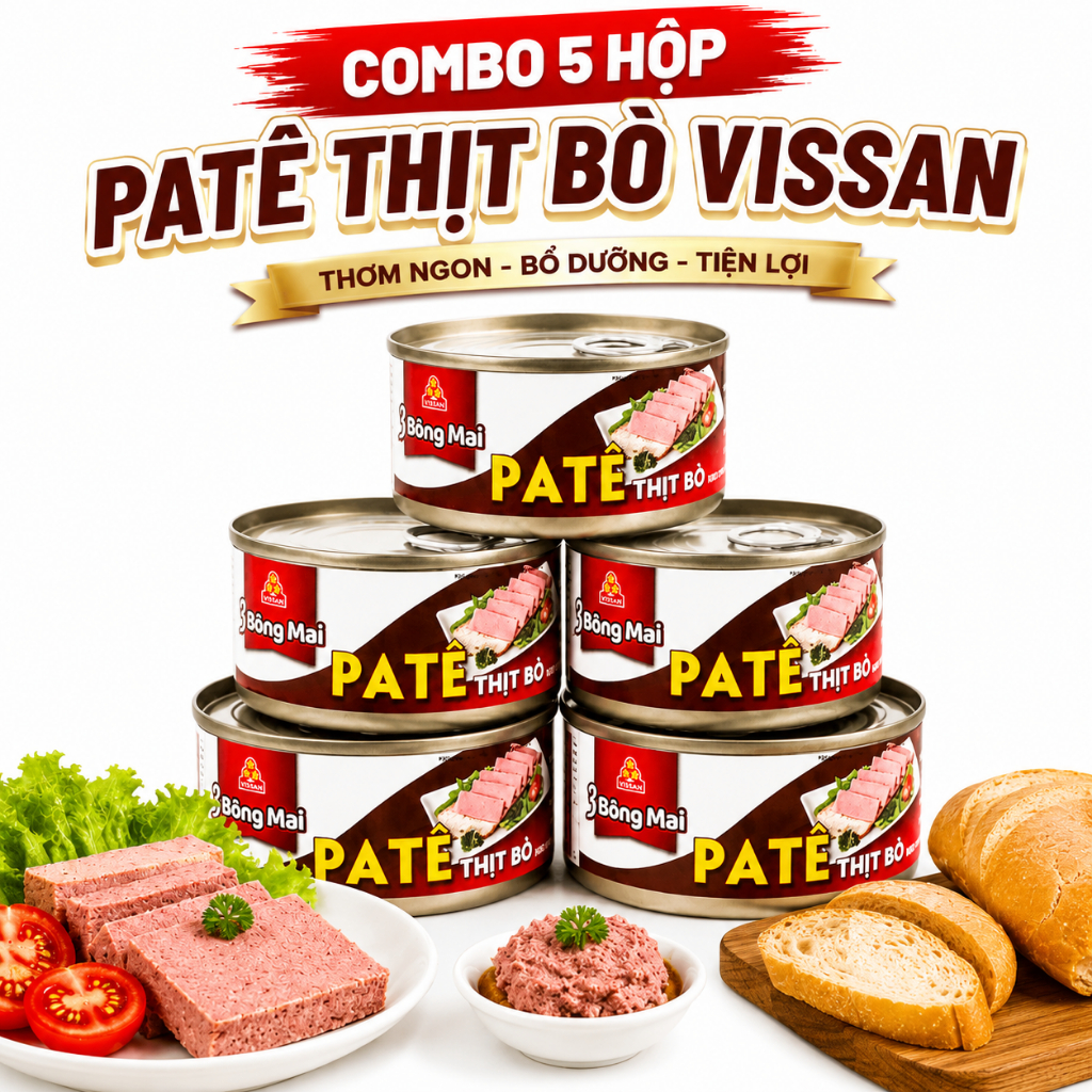 [Combo 5 Hộp] Patê Thịt Bò 3 Bông Mai Vissan – Chính Hãng Date 2028, HSD 36 Tháng, Ăn Liền Tiện Lợi