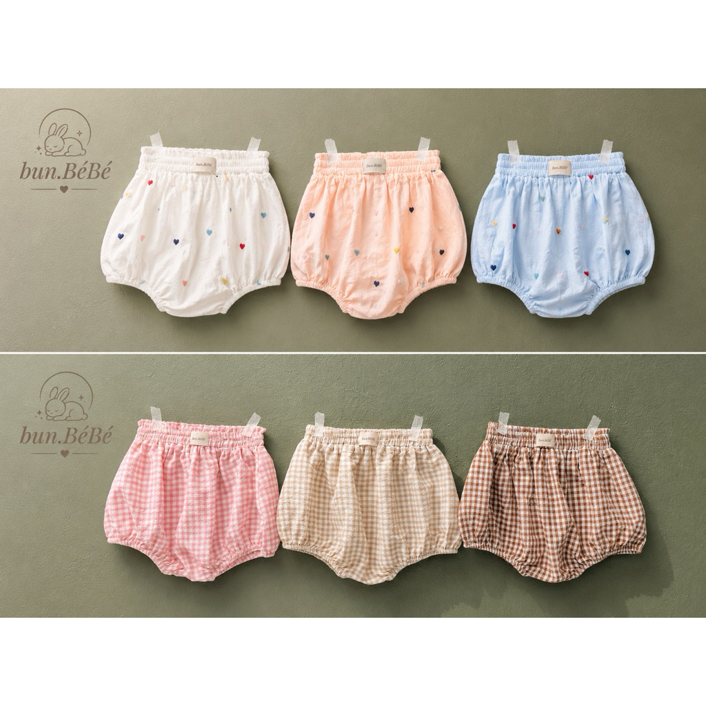 🌿 Quần Bí Bé Gái Bun.BéBé – Thô Cotton Hàn Quốc Kẻ Caro | Mềm Mại, Thoáng Mát, An Toàn Cho Bé