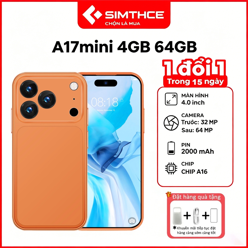 Điện thoại SIMTHCE A17Mini 4 inch, 4GB+64GB Android 9, điện thoại phụ cho học sinh và người già Phone Tặng ốp lưng
