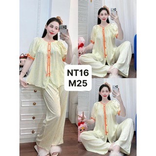 NT16-Tay ngắn quần dài tole lanh cổ nhún viền mặc nhà mát thấm hút mồ hôi dành cho nữ từ 45kg-70kg