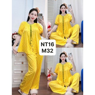 NT16-Tay ngắn quần dài tole lanh cổ nhún viền mặc nhà mát thấm hút mồ hôi dành cho nữ từ 45kg-70kg