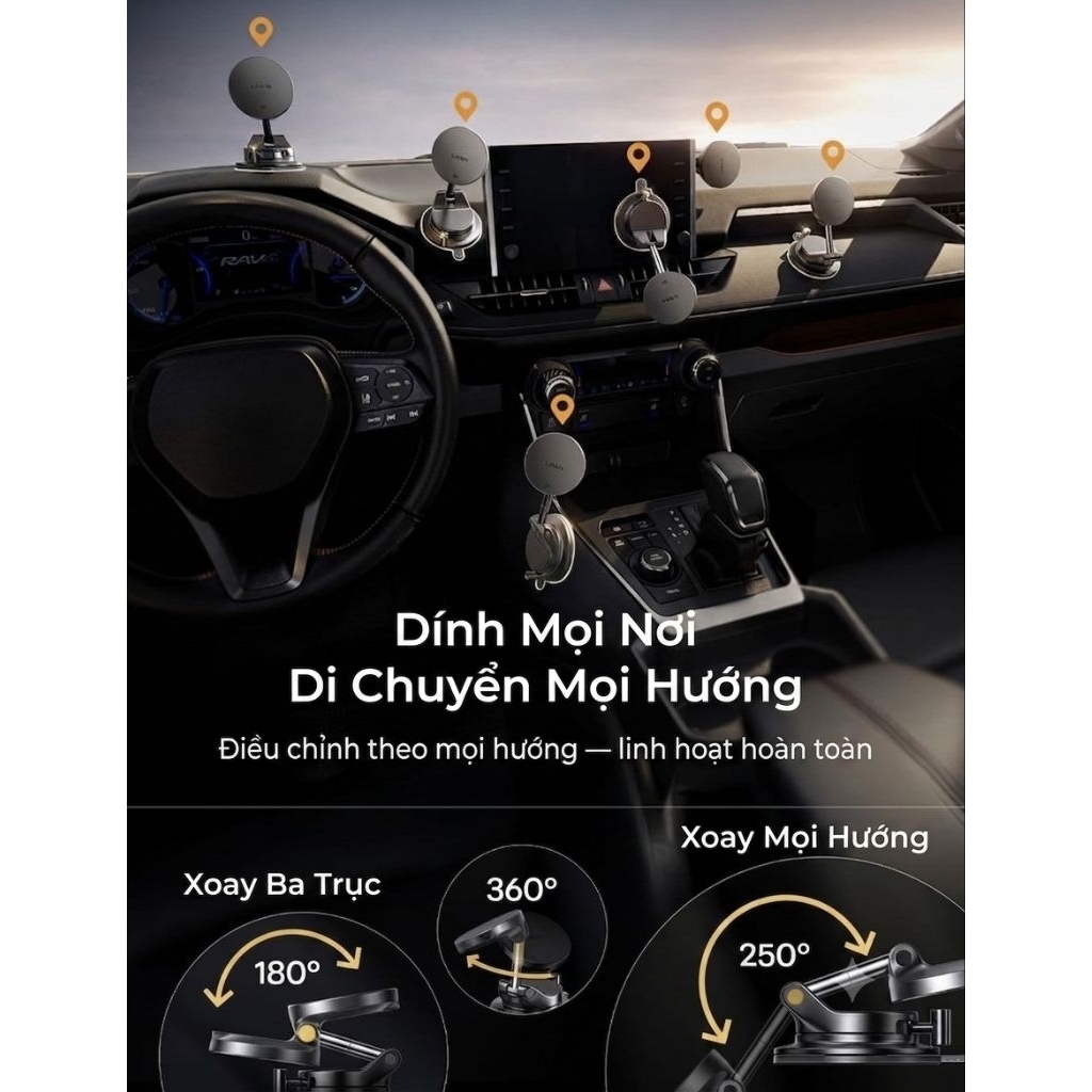 Sạc không dây cho xe hơi LISEN W608 Pro Qi2.2 25W giác hút chân không xoay 360°