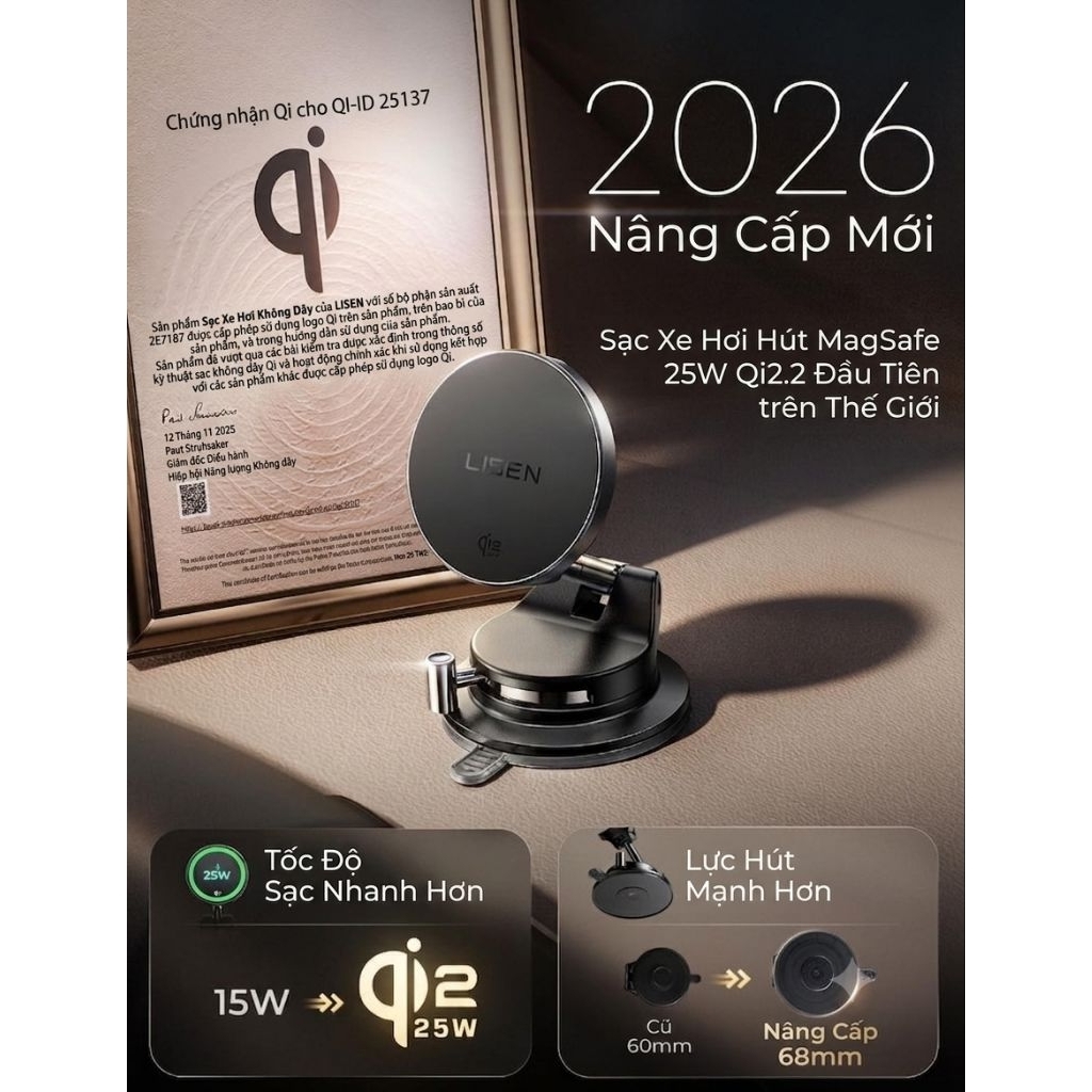 Sạc không dây cho xe hơi LISEN W608 Pro Qi2.2 25W giác hút chân không xoay 360°