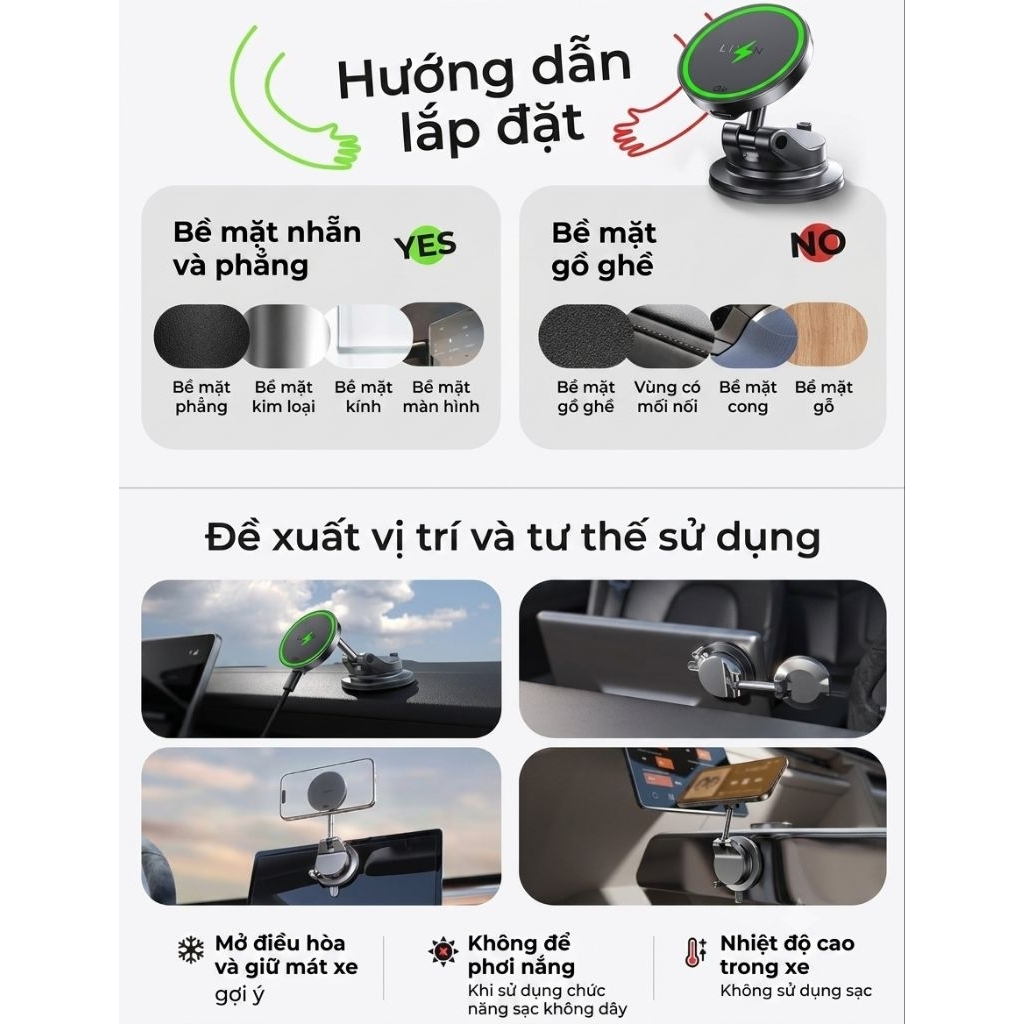 Sạc không dây cho xe hơi LISEN W608 Pro Qi2.2 25W giác hút chân không xoay 360°