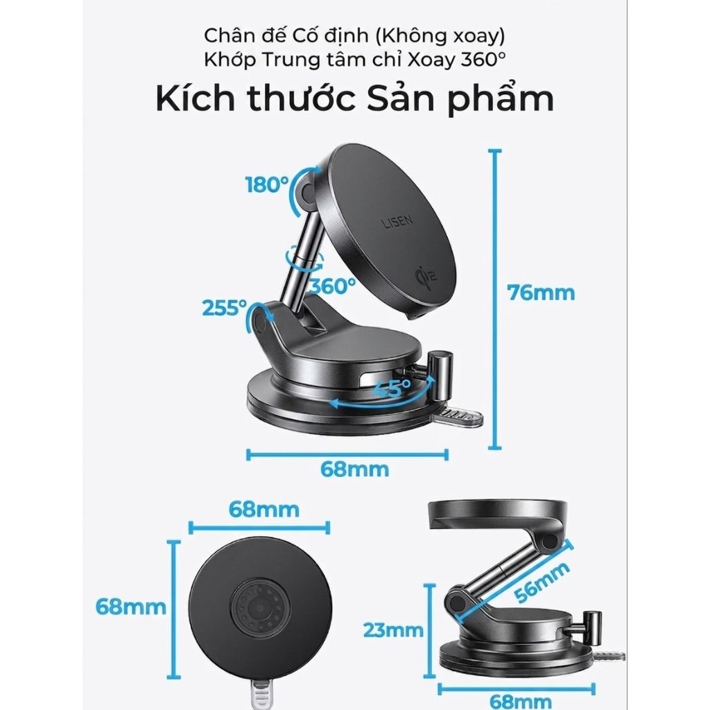 Sạc không dây cho xe hơi LISEN W608 Pro Qi2.2 25W giác hút chân không xoay 360°