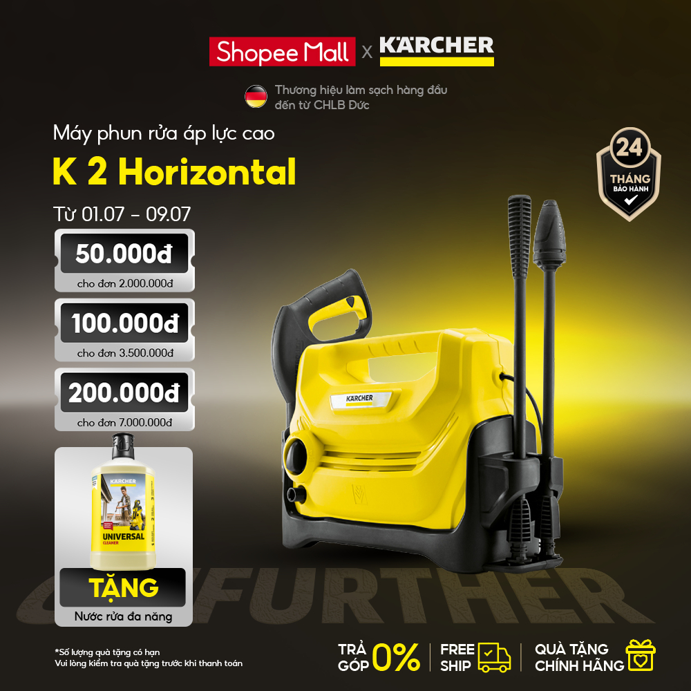 Máy phun rửa áp lực cao Karcher K 2 Horizontal động cơ chổi than, áp lực 110 bar và đã bao gồm dây cấp nước